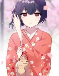 Rule 34 | bad id, bad twitter id, bag, blue hair, blurry, bokeh, cherry blossoms, commentary, depth of field, doll, floral print, hair ornament, idolmaster, idolmaster shiny colors, japanese clothes, kimono, long sleeves, looking at viewer, manio, morino rinze, parted lips, petals, red eyes, red kimono, solo, wide sleeves