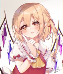 Rule 34 | 1girl, :d, absurdres, alternate hairstyle, artist name, ascot, blonde hair, blush, crystal, fang, flandre scarlet, frilled shirt collar, frills, hair between eyes, hair ribbon, hand up, haruki (colorful macaron), highres, index finger raised, looking at viewer, no headwear, one side up, open mouth, pointy ears, puffy short sleeves, puffy sleeves, red eyes, red ribbon, red skirt, red vest, ribbon, shirt, short sleeves, signature, skirt, smile, solo, touhou, upper body, vest, white shirt, wings, wrist cuffs