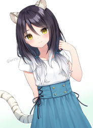 Rule 34 | 1girl, animal ear fluff, animal ears, anz32, bad id, bad pixiv id, black hair, blue skirt, closed mouth, commentary request, gradient background, gradient hair, green background, hair between eyes, hair over shoulder, hand up, long hair, low twintails, multicolored hair, princess connect!, shiori (princess connect!), shirt, short sleeves, skirt, smile, solo, split mouth, tail, tiger ears, tiger girl, tiger tail, twintails, twitter username, white background, white hair, white shirt, yellow eyes