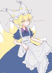 Rule 34 | !?, 1girl, animal ears, apron, blonde hair, blue dress, blush, closed mouth, dress, fox ears, fox tail, frilled apron, frilled sleeves, frills, grey background, hair between eyes, hat, highres, m (m073111), mob cap, multiple tails, short hair, short sleeves, simple background, solo, tail, touhou, white apron, white hat, yakumo ran, yellow eyes