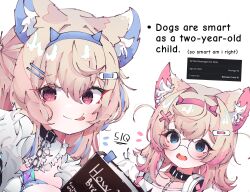 Rule 34 | 2girls, ;q, animal collar, animal ears, bandaid, bandaid hair ornament, bespectacled, black collar, blue eyes, blue hair, blue hairband, blush, book, collar, commentary, crossed bangs, dog ears, double-parted bangs, english commentary, english text, fake horns, fur-trimmed jacket, fur trim, fuwawa abyssgard, fuwawa abyssgard (1st costume), glasses, hair between eyes, hair intakes, hair ornament, hairband, hairclip, headphones, headphones around neck, highres, holding, holding book, hololive, hololive english, horns, jacket, koyoinacho, light brown hair, long hair, looking at viewer, mococo abyssgard, mococo abyssgard (1st costume), multicolored hair, multiple girls, no pupils, one eye closed, open mouth, pink eyes, pink hair, pink hairband, red-framed eyewear, short hair, siblings, simple background, sisters, streaked hair, tongue, tongue out, twins, two side up, upper body, virtual youtuber, white background, x hair ornament