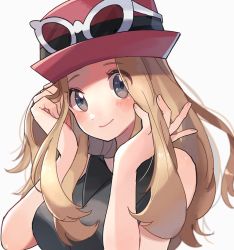 Rule 34 | 1girl, black shirt, blonde hair, blush, breasts, closed mouth, collared shirt, commentary request, creatures (company), eyelashes, eyewear on head, game freak, grey eyes, hands in hair, hat, long hair, looking at viewer, nintendo, pokemon, pokemon xy, red hat, ririmon, serena (pokemon), shirt, simple background, sleeveless, sleeveless shirt, smile, solo, sunglasses, sunglasses on head, upper body, white-framed eyewear, white background