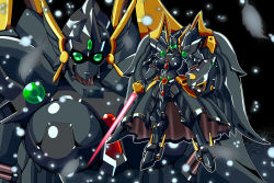 Rule 34 | absurdres, alternate color, angelg, breasts, energy sword, green eyes, highres, holding, holding sword, holding weapon, large breasts, looking at viewer, mecha, mechanical skirt, mechanical wings, meganeon, multiple views, no humans, parted lips, robot, shield, standing, super robot wars, super robot wars original generation, sword, weapon, wings