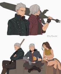Rule 34 | 1girl, 3boys, asaya minoru, bad id, bad twitter id, black coat, black footwear, black pants, black shirt, blue jacket, blue shorts, boots, brown footwear, brown jacket, brown shirt, coat, collared shirt, copyright request, crop top, cropped torso, cup, dante (devil may cry), devil may cry (series), devil may cry 5, drinking glass, facial hair, grey background, grey eyes, grey hair, grin, holding, holding cup, holding sword, holding weapon, hood, hood down, hooded jacket, jacket, knee boots, mechanical arms, midriff, multiple boys, open clothes, open jacket, over shoulder, pants, prosthesis, prosthetic arm, shirt, short shorts, shorts, simple background, sleeveless, sleeveless shirt, smile, stubble, sword, sword over shoulder, twitter username, upper body, v-shaped eyebrows, weapon, weapon over shoulder