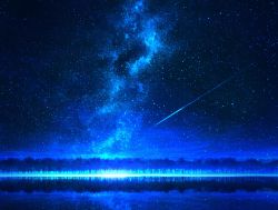 Rule 34 | absurdres, blue theme, commentary, forest, highres, lake, milky way, mks, nature, night, night sky, no humans, original, outdoors, reflection, scenery, shooting star, sky, star (sky), starry sky, water surface