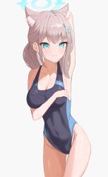 Rule 34 | 1girl, absurdres, animal ear fluff, animal ears, arm behind head, armpits, black one-piece swimsuit, blue archive, blue eyes, breasts, competition swimsuit, covered navel, cross hair ornament, extra ears, grey hair, hair ornament, halo, highleg, highleg swimsuit, highres, low ponytail, medium breasts, medium hair, mismatched pupils, multicolored clothes, multicolored swimsuit, official alternate costume, one-piece swimsuit, presenting armpit, shiroko (blue archive), shiroko (swimsuit) (blue archive), simple background, solo, swimsuit, swoon (swoonnoah), white background, wolf ears