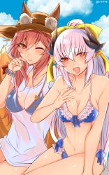 Rule 34 | 10s, 2girls, :d, ;3, animal ears, bad id, bad pixiv id, bikini, bikini under clothes, blue bikini, blush, bow, bracelet, breasts, cleavage, day, ears through headwear, fate/extra, fate/grand order, fate (series), fox ears, fox tail, hair bow, hat, highres, horns, jewelry, kiyohime (fate), kiyohime (fate/grand order), kiyohime (swimsuit lancer) (fate), kiyohime (swimsuit lancer) (third ascension) (fate), large breasts, long hair, looking at viewer, midriff, multiple girls, navel, one eye closed, open mouth, pink hair, red eyes, shirt, shisei (kyuushoku banchou), smile, swimsuit, swimsuit under clothes, tail, tamamo (fate), tamamo no mae (fate/extra), tamamo no mae (swimsuit lancer) (fate), tamamo no mae (swimsuit lancer) (second ascension) (fate), twitter username, wet, wet clothes, wet shirt, yellow eyes