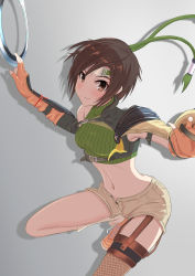 Rule 34 | 1girl, armor, armpits, asymmetrical legwear, blush, breasts, brown eyes, brown hair, brown shorts, chakram, closed mouth, commentary request, final fantasy, final fantasy vii, fingerless gloves, fishnets, forehead protector, gloves, gradient background, green sweater, grey background, highres, holding, holding weapon, kazaguruma2600, looking at viewer, loose socks, maid headdress, midriff, navel, open fly, orange footwear, orange gloves, outstretched arms, pauldrons, ribbed sweater, shoes, short hair, short shorts, shorts, shoulder armor, single bare shoulder, single pauldron, single thighhigh, sleeveless, sleeveless sweater, small breasts, smile, sneakers, socks, solo, squatting, sweater, thighhighs, turtleneck, turtleneck sweater, open fly, weapon, yuffie kisaragi
