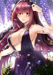 Rule 34 | 1girl, arm up, armpits, bare shoulders, blush, breasts, cleavage, collarbone, dress, fate/grand order, fate (series), flower, hair between eyes, hair intakes, highres, large breasts, long hair, looking at viewer, noixen, petals, purple dress, purple hair, red eyes, scathach (fate), sideboob, smile, solo, veil, wisteria