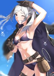 Rule 34 | 1girl, absurdres, belt, bikini, blue sky, blush, breasts, brown eyes, brown gloves, cleavage, commentary request, cowboy shot, fire emblem, fire emblem awakening, fire emblem heroes, gloves, grey hair, grin, hand up, highres, looking at viewer, medium breasts, navel, nintendo, o-ring, o-ring bikini, official alternate costume, one eye closed, partial commentary, purple bikini, robe, robin (female) (fire emblem), robin (female) (summer) (fire emblem), robin (fire emblem), sky, smile, solo, swimsuit, tpicm, twintails