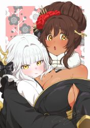 Rule 34 | 2girls, 777 (nikke), animal ears, black bow, blanc (nikke), blanc (white rabbit) (nikke), blush, bow, breast pillow, breasts, brown hair, dark-skinned female, dark skin, fake animal ears, fake horns, floral background, flower, frills, goddess of victory: nikke, hair ornament, head on chest, highres, holding, horns, huge breasts, japanese clothes, kimono, large breasts, looking at viewer, multicolored clothes, multiple girls, niki (nikism1987), noir (black rabbit) (nikke), noir (nikke), open mouth, outside border, siblings, sisters, two-tone kimono, white hair, yellow eyes