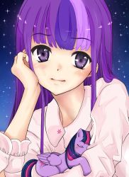 Rule 34 | 1girl, arm support, bad id, bad pixiv id, head rest, d-tomoyo (thekingkas), dual persona, long hair, multicolored hair, my little pony, my little pony: friendship is magic, night, night sky, pegasus, personification, purple eyes, purple hair, sky, star (sky), starry sky, twilight sparkle