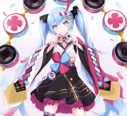 Rule 34 | 1girl, 39, :3, absurdres, asymmetrical legwear, asymmetrical sleeves, bad id, bad twitter id, black skirt, blue eyes, blue hair, blue nails, bow, cherry blossoms, commentary, confetti, cookie, cowboy shot, criss-cross halter, drum, food, frilled skirt, frills, halterneck, hatsune miku, highres, holding, holding cookie, holding food, instrument, japanese clothes, kimono, long hair, looking at viewer, mismatched sleeves, nail polish, pink sleeves, single thighhigh, skirt, smile, solo, speaker, standing, thighhighs, twintails, uneven legwear, very long hair, vocaloid, white background, white kimono, wide sleeves, yukata, yuzuaji