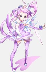 Rule 34 | 1girl, boots, breasts, brooch, choker, cure sword, dokidoki! precure, earrings, eyelashes, hair ornament, hairpin, heart, heart brooch, highres, jewelry, kenzaki makoto, long hair, magical girl, name connection, niko (tama), object namesake, ponytail, precure, purple eyes, purple footwear, purple hair, purple skirt, purple theme, purple thighhighs, see-through, skirt, small breasts, smile, solo, spade, spade hair ornament, sword, thigh boots, thighhighs, weapon