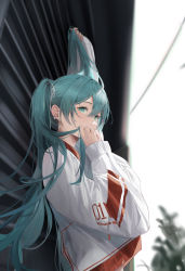 Rule 34 | 1girl, absurdres, arm up, blurry, blurry background, commentary, depth of field, earrings, from side, green eyes, green hair, hair between eyes, hair ornament, hair ribbon, hatsune miku, highres, holding, holding hair, jacket, jenmin12, jewelry, long hair, looking at viewer, multicolored clothes, multicolored jacket, outdoors, red jacket, ribbon, sleeveless, solo, standing, twintails, two-tone jacket, very long hair, vocaloid, white jacket, white ribbon, wide sleeves