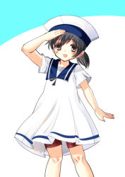 Rule 34 | 1girl, :d, arm up, black hair, blue background, blue sailor collar, blush, brown eyes, chize, dress, hair between eyes, hat, hiburi (kancolle), kantai collection, long hair, looking at viewer, low ponytail, open mouth, ponytail, red shorts, sailor collar, sailor dress, sailor hat, salute, short shorts, short sleeves, shorts, shorts under dress, smile, solo, two-tone background, white background, white dress, white hat