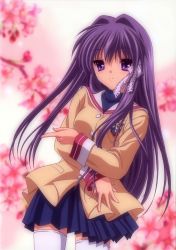 Rule 34 | 00s, clannad, cover, cover page, fujibayashi kyou, pointing, purple hair, school uniform, serafuku, solo, thighhighs, zettai ryouiki
