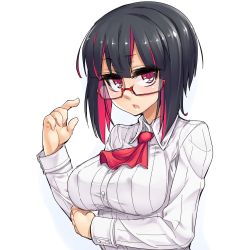 Rule 34 | 1girl, black hair, breast hold, breasts, glasses, highres, large breasts, looking at viewer, mikan riji, multicolored hair, open mouth, original, pink eyes, pink hair, red-framed eyewear, ridinetta, semi-rimless eyewear, solo, two-tone hair