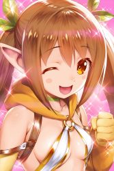 Rule 34 | 1girl, bare shoulders, belt, blush, breasts, brown eyes, brown hair, choker, detached sleeves, elf, gloves, hair ribbon, hood, long hair, looking at viewer, nowa (queen&#039;s blade), nowa (queen&#039;s blade unlimited), o-ring, o-ring top, official art, one eye closed, oosaki shin&#039;ya, open mouth, pointy ears, queen&#039;s blade, queen&#039;s blade unlimited, queen&#039;s blade white triangle, revealing clothes, ribbon, small breasts, smile, solo, twintails, upper body, very long hair, yellow gloves