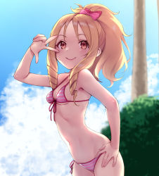Rule 34 | 10s, 1girl, arm up, bikini, blonde hair, blue sky, blurry, bow, breasts, brown eyes, cleavage, closed mouth, cloud, cloudy sky, cowboy shot, day, depth of field, drill hair, eromanga sensei, from side, front-tie bikini top, front-tie top, hair bow, hand on own hip, highres, leaning forward, long hair, looking at viewer, navel, outdoors, pink bikini, pokachu, ponytail, ringlets, sky, small breasts, smile, solo, striped bikini, striped clothes, swimsuit, twin drills, w, yamada elf