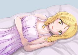 Rule 34 | 1girl, artist name, artist request, bare shoulders, bed, blonde hair, blush, braid, breasts, brown eyes, collarbone, dress, female focus, green eyes, looking at viewer, love live!, love live! sunshine!!, lying, medium breasts, ohara mari, on back, on bed, parted lips, pillow, short braid, short hair, short twintails, skirt, smile, solo, twintails, white dress, white skirt, yellow eyes