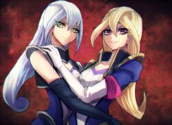 Rule 34 | 2girls, blonde hair, breasts, elbow gloves, gloria tyler, gloves, grace tyler, grey hair, hand on another&#039;s shoulder, hand on another&#039;s waist, jacket, long hair, medium breasts, multiple girls, open clothes, open jacket, parted lips, popped collar, purple eyes, raijin-bh, short sleeves, siblings, sisters, twins, yellow eyes, yu-gi-oh!, yu-gi-oh! arc-v