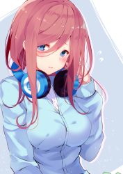 Rule 34 | 1girl, absurdres, blue cardigan, blue eyes, blush, breasts, brown hair, cardigan, closed mouth, collared shirt, flying sweatdrops, go-toubun no hanayome, hair between eyes, headphones, headphones around neck, highres, kujou ichiso, large breasts, long hair, long sleeves, looking at viewer, nakano miku, pout, shirt, solo, upper body, white shirt