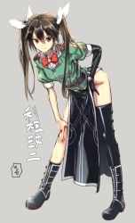 Rule 34 | 10s, 1girl, black thighhighs, boots, brown eyes, brown hair, full body, gloves, hair ribbon, hand on own hip, highres, kantai collection, kawakami rokkaku, leaning forward, long hair, looking at viewer, md5 mismatch, pelvic curtain, ribbon, simple background, single glove, single thighhigh, smile, solo, thighhighs, tone (kancolle), translation request, twintails, white thighhighs