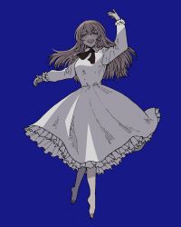 Rule 34 | 1girl, absurdres, adipocere (vocaloid), arm up, ballet, black ribbon, blue background, blush, breasts, collared shirt, dancing, dress, floating hair, frilled dress, frills, full body, half-closed eyes, highres, large breasts, long dress, long hair, long sleeves, looking at viewer, moge (moge morgen), neck ribbon, open mouth, pink hair, ribbon, shirt, sidelocks, simple background, smile, solo, swept bangs, tiptoes, vocaloid, white dress, white eyes, wind, wind lift