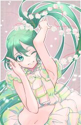 Rule 34 | 1girl, arm up, armpits, blue eyes, blush, crop top, flower, green hair, grin, hand on own face, hatsune miku, highres, lily of the valley, long hair, looking to the side, midriff, nail polish, naimaze atakamo, navel, one eye closed, ponytail, short sleeves, skirt, smile, solo, very long hair, vocaloid