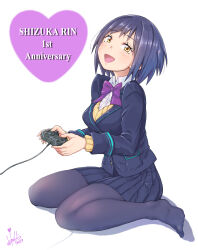 Rule 34 | 1girl, :d, anniversary, blazer, blue hair, blue jacket, blue skirt, blush, bow, bowtie, breasts, cardigan, character name, collared shirt, controller, dated, english text, eyelashes, feet, fine fabric emphasis, full body, game controller, highres, holding, holding controller, holding game controller, hori shin, jacket, legs, looking at viewer, medium breasts, medium hair, nijisanji, no shoes, open mouth, pantyhose, pleated skirt, purple bow, purple bowtie, purple pantyhose, school uniform, shadow, shirt, shizuka rin, signature, simple background, sitting, skirt, smile, solo, thighs, toes, virtual youtuber, wariza, white background, white shirt, yellow cardigan, yellow eyes
