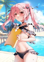 Rule 34 | 1girl, bikini, bikini pull, black bikini, black choker, blurry, blurry background, blush, bodyboard, bow, breasts, chihiro (khorosho), choker, clothes lift, clothes pull, fingernails, hair bow, hair ornament, hairclip, holding, lifted by self, long hair, looking at viewer, navel, original, outdoors, palm tree, pink hair, poolside, red eyes, small breasts, solo, swimsuit, tree, twintails