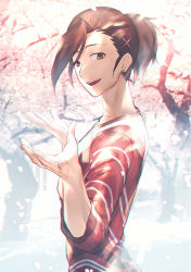 Rule 34 | 10s, 1boy, brown hair, cherry blossoms, earrings, hair ornament, hairclip, idolmaster, idolmaster side-m, jewelry, kojijima, looking at viewer, male focus, open mouth, outdoors, outstretched hand, plant, ponytail, shirt, smile, solo, standing, striped clothes, striped shirt, tree, upper body, watanabe minori