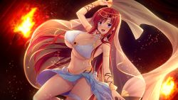 Rule 34 | 1girl, bikini, bracelet, breasts, cleavage, curvy, dancer, earrings, game cg, hair ornament, highres, hinata nao, huge breasts, jewelry, large breasts, long hair, looking at viewer, moonstone cherry, navel, red hair, sex open world e youkoso!, swimsuit, tagme, thong, veil, white bikini