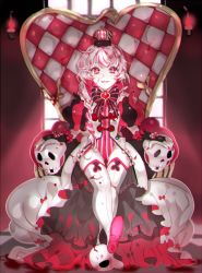Rule 34 | 1girl, alice in wonderland, bad id, bad pixiv id, bow, bowtie, braid, chromatic aberration, covered navel, crown, fingerless gloves, gloves, leotard, looking at viewer, nail polish, original, parted lips, pink hair, piyo (ppotatto), queen of hearts (alice in wonderland), red eyes, red nails, sitting, skull-shaped pupils, smile, solo, symbol-shaped pupils, thighhighs, throne, white thighhighs