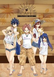 Rule 34 | arms behind back, arms behind head, bikini, bikini bottom only, black hair, blonde hair, blue hair, blue ribbon, blue shorts, blue skirt, bow, brown eyes, brown pants, closed mouth, copyright name, denim, denim skirt, dress shirt, drinking straw, erza scarlet, fairy tail, fire, floating hair, flower, full body, gray fullbuster, grey headwear, hair between eyes, hair bow, hand on own hip, hat, hat flower, hat ribbon, hawaiian shirt, head tilt, hibiscus, highres, holding, jewelry, long hair, looking at viewer, lucy heartfilia, mashima hiro, midriff, miniskirt, natsu dragneel, navel, necklace, official art, open clothes, open shirt, open shorts, pants, parted lips, pink bikini, pink bow, pink hair, print shirt, red eyes, red hair, ribbon, shirt, short shorts, short sleeves, shorts, skirt, sleeves rolled up, smile, spiked hair, stomach, straw hat, sun hat, sunflower, swimsuit, tied shirt, twintails, very long hair, wendy marvell, white shirt, wristband, yellow bikini