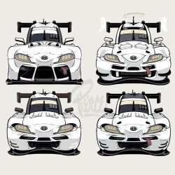 Rule 34 | artist name, car, chibi, commentary, english commentary, grey background, halo, highres, motor vehicle, no humans, race vehicle, racecar, spoiler (automobile), straight-on, super gt, toyota, toyota supra, toyota supra mk v, variations, vehicle focus, will pierce, wings