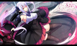 Rule 34 | 1girl, black thighhighs, blurry, blurry background, breasts, daiaru, detached sleeves, dress, dutch angle, frilled dress, frills, glowing, glowing eye, heterochromia, holding, holding staff, horns, large breasts, letterboxed, long hair, looking at viewer, motion blur, original, pointy ears, purple hair, solo, staff, thighhighs