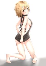 Rule 34 | 10s, 1girl, ass, backless dress, backless outfit, bare back, barefoot, black sweater, blonde hair, blush, breasts, covering privates, covering ass, drawstring, dress, from behind, highres, kneeling, koiwai yoshino, large breasts, looking at viewer, looking back, masamune-kun no revenge, meme attire, mochiyuki, naked sweater, no pants, shadow, short hair, sideboob, simple background, soles, solo, sweater, sweater dress, toes, virgin killer sweater, white background, yellow eyes