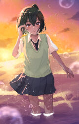 Rule 34 | 1girl, black hair, black necktie, black skirt, blush, brown eyes, bubble, collared shirt, green sweater vest, hair between eyes, highres, looking at viewer, miko35, necktie, original, parted lips, pleated skirt, shirt, short hair, skirt, solo, star (sky), sunset, sweater vest, tan, wading, white shirt