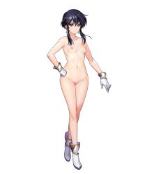 Rule 34 | 1girl, black hair, breasts, fire emblem, fire emblem: genealogy of the holy war, fire emblem heroes, gloves, highres, larcei (fire emblem), looking at viewer, naked shoes, navel, nintendo, nipples, no pussy, nude, nude filter, shoes, short hair, small breasts, smile, solo, third-party edit