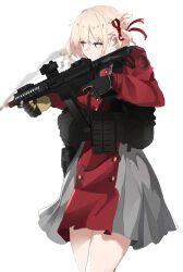 Rule 34 | 1girl, ar-9, black gloves, blonde hair, bob cut, buckle, commentary, cowboy shot, dress, fte (fifteen 199), gloves, grey dress, gun, hair ribbon, highres, holding, holding gun, holding weapon, long sleeves, lycoris recoil, lycoris uniform, multicolored hair, nishikigi chisato, one eye closed, one side up, pleated dress, red dress, red ribbon, ribbon, shell casing, short hair, simple background, snap-fit buckle, solo, submachine gun, symbol-only commentary, two-tone hair, weapon, weapon request, white background