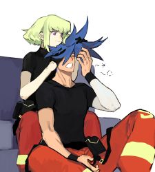 Rule 34 | 2boys, androgynous, black gloves, black shirt, blue hair, closed eyes, galo thymos, gloves, green hair, half gloves, hand in another&#039;s hair, hanezo, highres, lio fotia, male focus, multiple boys, pants, promare, purple eyes, red pants, shirt, short hair, sidelocks, simple background, sitting, squeans, white background, yaoi, yawning
