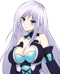Rule 34 | 1girl, bare shoulders, blue eyes, blush, breasts, cleavage, closed mouth, commentary request, detached sleeves, grey hair, hair between eyes, highres, large breasts, light persona, long hair, magiquone, neptune (series), purple hair, seshiro (which501), simple background, smile, solo, upper body, white background