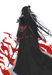 1boy absurdres black_capelet black_coat black_hair capelet chinese_commentary chromatic_aberration coat commentary_request fate/grand_order fate_(series) fire fur-trimmed_capelet fur_trim hair_bun hair_ribbon highres holding holding_staff jiangyueegoshi long_hair long_sleeves male_focus red_ribbon red_trim ribbon single_hair_bun solo staff taigong_wang_(fate) white_background