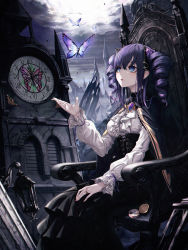 Rule 34 | 1girl, absurdres, black cape, blue butterfly, blue eyes, breasts, brooch, bug, butterfly, cape, center frills, chair, clock, clock tower, cloud, commentary, dress, drill hair, eichi (skskdi12z), female focus, flower, frills, gothic lolita, hair flower, hair ornament, hand on own leg, hand up, highres, huge filesize, insect, jewelry, lamp, light, lolita fashion, long hair, long sleeves, open mouth, original, outdoors, pale skin, pink flower, pocket watch, purple hair, ribbon, ring, ruins, scenery, shirt, sitting, solo, tower, twin drills, twintails, watch, white shirt