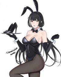 Rule 34 | 1girl, alternate costume, animal ears, arm up, bare shoulders, black bow, black bowtie, black footwear, black gloves, black hair, black leotard, black pantyhose, bow, bowtie, breasts, cleavage, collarbone, commentary, commission, covered navel, detached collar, elbow gloves, english commentary, fake animal ears, feet out of frame, girls&#039; frontline, gloves, heterochromia, high heels, highres, holding, holding tray, leotard, long hair, looking at viewer, medium breasts, multicolored hair, open mouth, pantyhose, playboy bunny, pumps, rabbit ears, red eyes, ro635 (girls&#039; frontline), seilindekos, shoes, solo, standing, stiletto heels, strapless, strapless leotard, streaked hair, traditional bowtie, tray, white background, white wrist cuffs, wrist cuffs, yellow eyes
