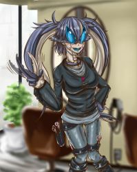 Rule 34 | 1girl, age-zero, arthropod girl, blue eyes, blue hair, borrowed character, breasts, claws, crab, denim, jeans, matching hair/eyes, monster girl, multicolored hair, original, pants, solo, sunaipu (age-zero), sweater, twintails, watanabe (tagane)