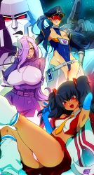 Rule 34 | 3girls, arm cannon, armpits, bad end, belt, black hair, blue hair, blush, breasts, cleavage, covered erect nipples, covered navel, curvy, dark-skinned female, dark skin, fang, gender request, genderswap, glasses, gloves, goggles, hair ornament, hair over one eye, hat, headgear, huge breasts, jacket, long hair, mecha, megatron, midriff, multiple girls, navel, open mouth, orange eyes, personification, ponytail, purple hair, red-tinted eyewear, red-tinted glasses, red eyes, riko (k riko), robot, science fiction, shockwave (transformers), skirt, smile, soundwave (transformers), starscream, sunglasses, sweater, thick thighs, thighs, tinted eyewear, transformers, transformers: generation 1, twintails, visor, weapon, wide hips