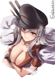 Rule 34 | 1girl, :&gt;, black gloves, black hat, blush, breasts, brown eyes, cleavage, closed mouth, collarbone, commentary request, cropped torso, crossed arms, ebifurya, from above, gangut (kancolle), gloves, grey hair, hair between eyes, hair ornament, hairpin, hat, highres, jacket, kantai collection, large breasts, long hair, looking at viewer, one-hour drawing challenge, red shirt, shirt, simple background, smile, solo, twitter username, unworn jacket, upper body, white background, white jacket